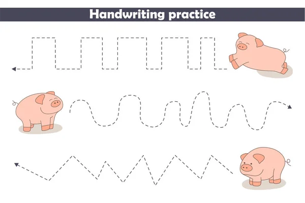 豚と手書きの練習 豚と子供の漫画の仕事 就学前教育 子供のゲームの開発 印刷可能なシート 書くことを学ぶ ベクターイラスト — ストックベクタ