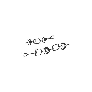 El yapımı şiş kebap. Et, mantar, sebze. Izgara ve barbekü. Tek element beyaz arkaplanda izole edildi. Fast food. Vektör illüstrasyonu