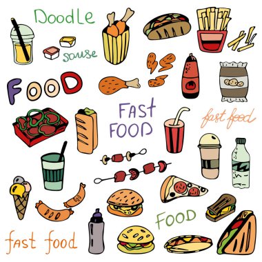 El çizimi fast food karalama seti. Çok renkli semboller ve beyaz arka planda izole edilmiş fast food objeleri. Vektör illüstrasyonu