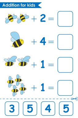 Şirin arılarla toplama oyunu. Çocuklar için matematik oyunu. Arıları sayarak denklemleri çöz. Anaokulu öğrencileri için çalışma listesi. Vektör illüstrasyonu.