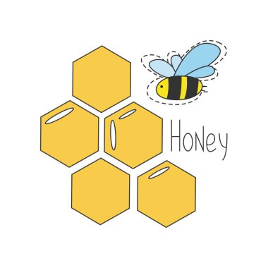 Bal 'ın beyaz arka planda izole edildiği yazılı arı ve bal peteği. Baskı, ambalaj, nektar, bal, tekstil ve diğer amaçlar için güzel bir arı hayatı konsepti. Vektör illüstrasyonu