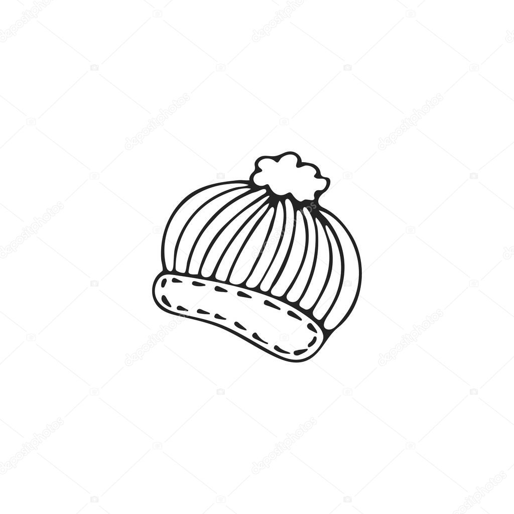 Hand-drawn winter hat, single element. Graphic doodle, sketch, outline drawing isolated on white. Vector illustration
