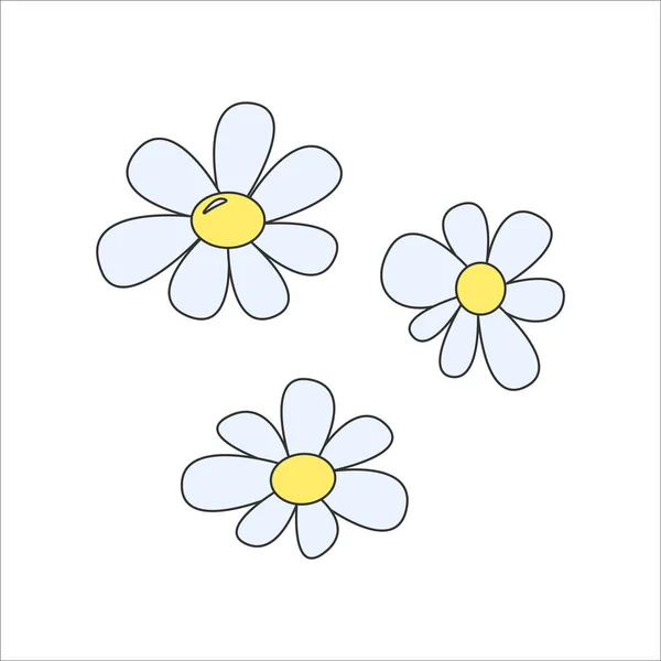 Три Квіти Ромашки Мультиплікаційному Стилі Ізольовані Білому Тлі Використовується Друку — стоковий вектор