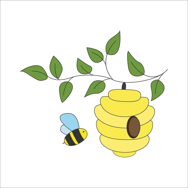 Cartoon Bee Hive Tree Branch Isolated White Background House Bees — Stock Vector