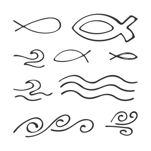 Ručně Kreslená Sada Křesťanských Ikon Ryby Vlny Izolované Bílém Pozadí — Stockový vektor