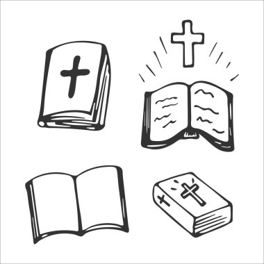 Beyaz arka planda el yapımı İncil seti. Hristiyan sembolleri. Tanrı 'nın kutsal kitabı. İncil. Din ve Hristiyanlık. Vektör illüstrasyonu