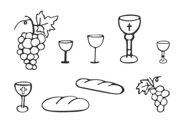 Beyaz arka planda izole edilmiş hristiyan üzüm, kase ve ekmek ikonları. Din ve Hristiyanlık. İsa 'nın kurban edilmesinin Hıristiyan sembolleri. Vektör illüstrasyonu