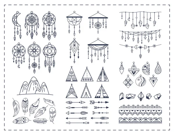Velká Sbírka Dekorativních Prvků Indiánského Kmene Lovci Snů Peří Šípy — Stockový vektor
