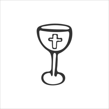 Beyaz arka planda el çizimi bir Hristiyan kase ikonu var. Din ve Hristiyanlık. İsa 'nın kurban edilmesinin Hıristiyan sembolleri. Vektör illüstrasyonu