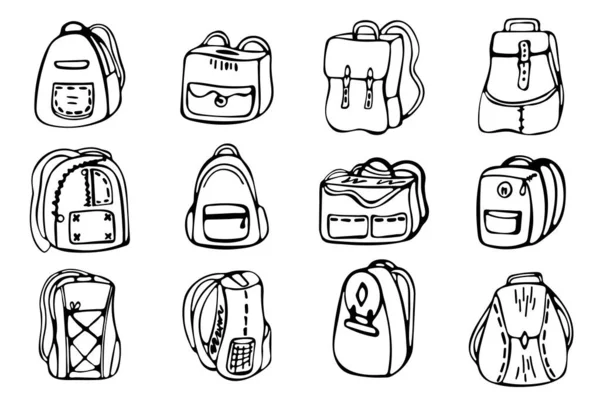 Doodle Backpack Set Isolated White Background Hand Drawn Cartoon Backpacks — Stock Vector