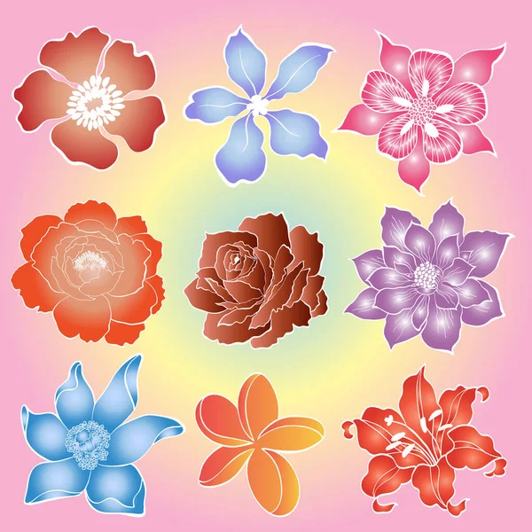 Set Flores Batik Con Colorido — Vector de stock