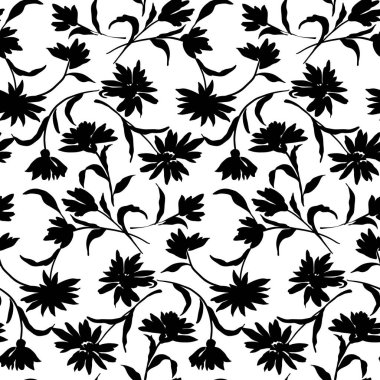 Çiçekler pürüzsüz desen, vektör, siyah ve beyaz