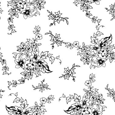 Çiçekler pürüzsüz desen, vektör, siyah ve beyaz