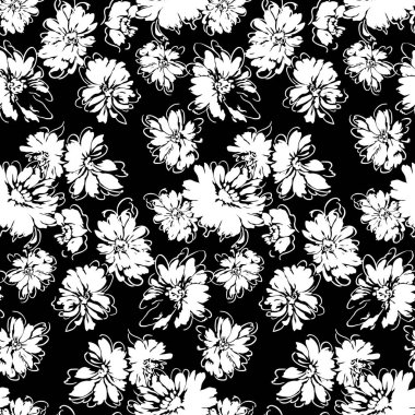Çiçekler pürüzsüz desen, vektör, siyah ve beyaz