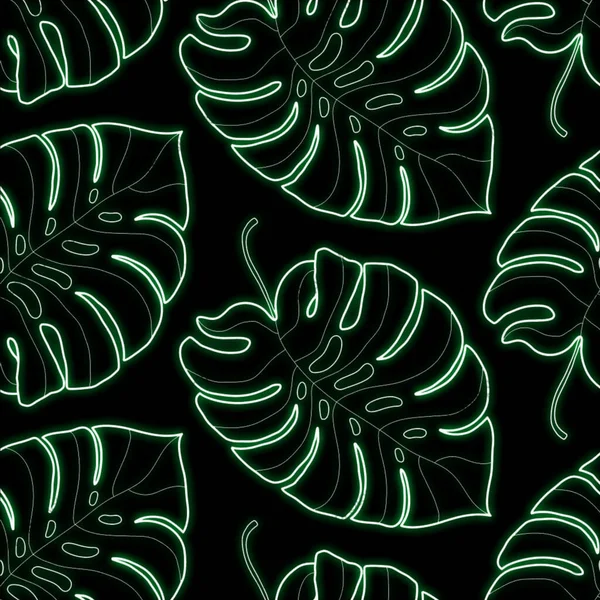 Neon Monstera Blätter Auf Schwarzem Hintergrund — Stockfoto