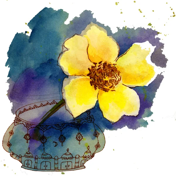 Fleur jaune dans un vase arabique — Image vectorielle