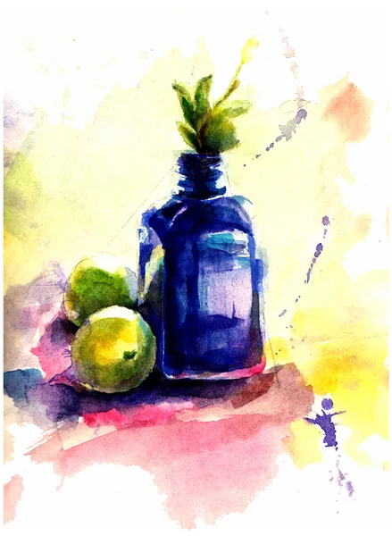 suluboya natürmort mavi bootle ve limon ile