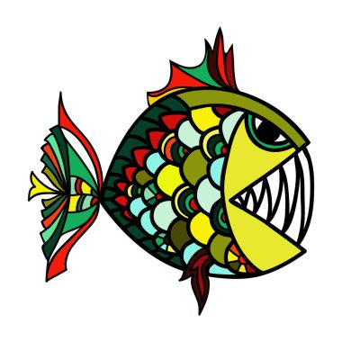 Derin su kızgın yırtıcı varicoloured balık T-shirt tasarımı, sofra için