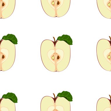 Meyve seamless modeli. Kırmızı elma ile tohum, yaprak yeşil ile gerçekçi yarısı.