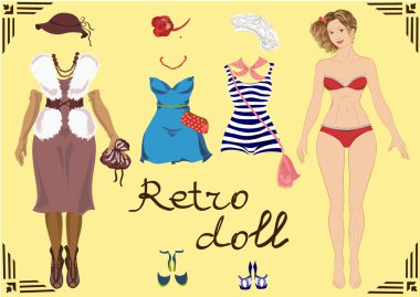 Retro kızla retro giyim tasarım ve vücut şablon çizimi