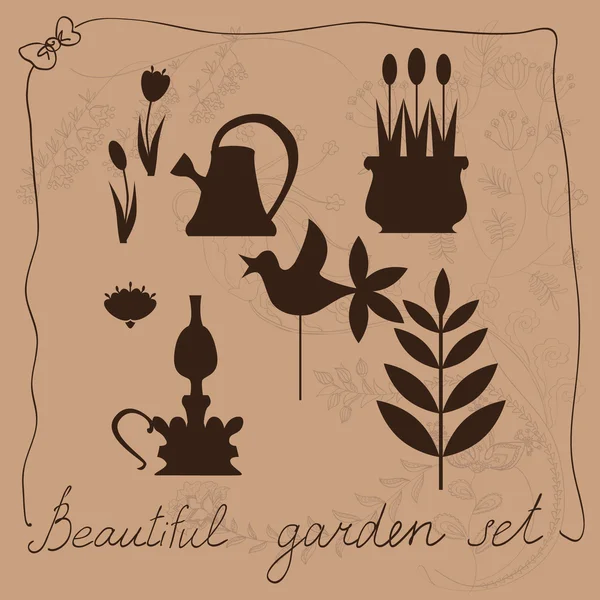 Set of garden on a beige background with floral ornament.