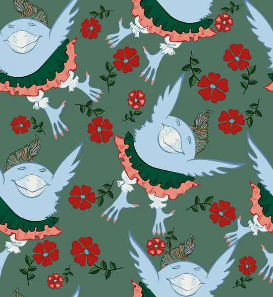Seamless pattern - a bird in a skirt and knickers flying in good humor.