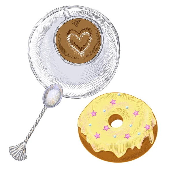 Vector illustration: a cup of cappuccino with cinnamon and a donut.