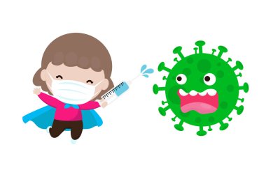 Yeni normal yaşam tarzı konsepti Coronavirus (2019-nCoV), çizgi film karakteri süper kahraman saldırısı COVID-19, çocuklar ve bakterilere karşı koruma, sağlıklı yaşam tarzı kavramı izole edilmiş vektör
