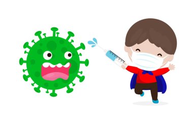 Yeni normal yaşam tarzı konsepti Coronavirus (2019-nCoV), çizgi film karakteri süper kahraman saldırısı COVID-19, çocuklar ve bakterilere karşı koruma, sağlıklı yaşam tarzı kavramı izole edilmiş vektör