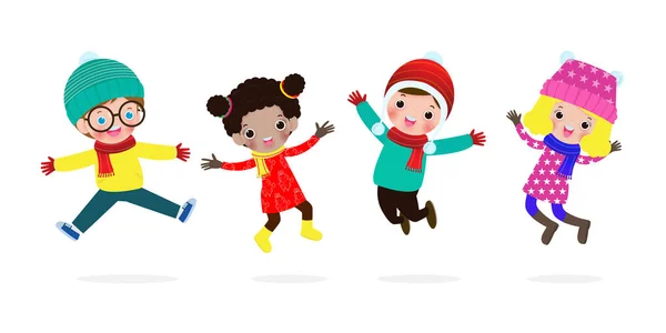 Feliz Navidad Feliz Año Nuevo Colección Niños Saltando Traje Invierno — Vector de stock