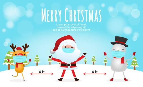 ライフスタイルの概念と社会的距離 クリスマス漫画のキャラクター サンタクロース 雪だるまとトナカイで外科マスク保護コロナウイルスCovid 19分離ベクトル — ストックベクタ