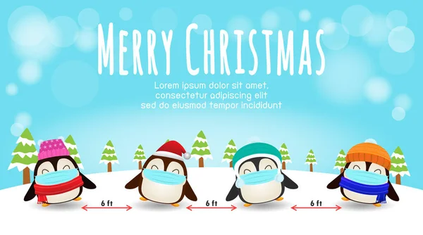 新しい通常のライフスタイルのコンセプトと社会的な距離のためのメリークリスマス 外科用マスクでペンギンのかわいい雪のシーンでコロナウイルスCovid 19を保護冬のバナー クリスマスの休日のパーティーのコンセプトベクトル — ストックベクタ