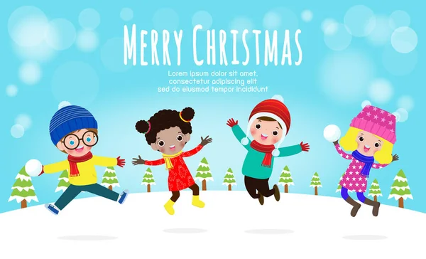 Feliz Navidad Feliz Año Nuevo Vector Ilustración Niños Jugando Aire — Vector de stock