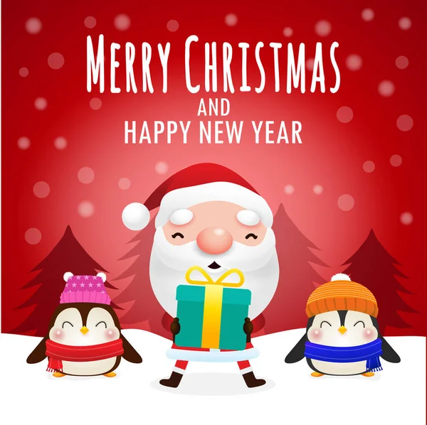 Merry Christmas Happy New Year Greeting Card Cute Santa Holding — Stock Vector