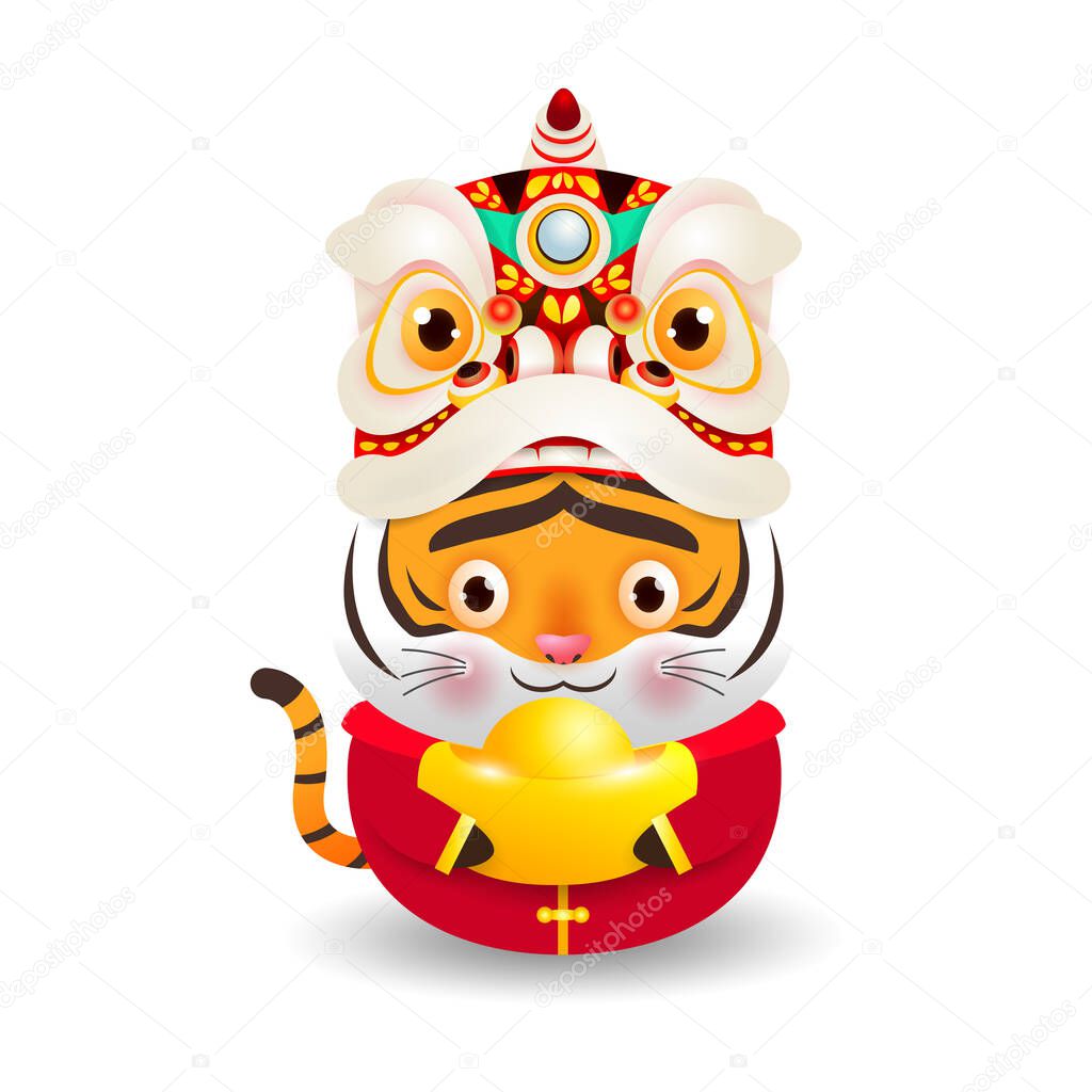 Happy Chinese New Year 22 Little Tiger With Lion Dance Head Holding Chinese Gold The Year Of The Tiger Zodiac Cartoon Vector Illustration Isolated On White Background Premium Vector In Adobe