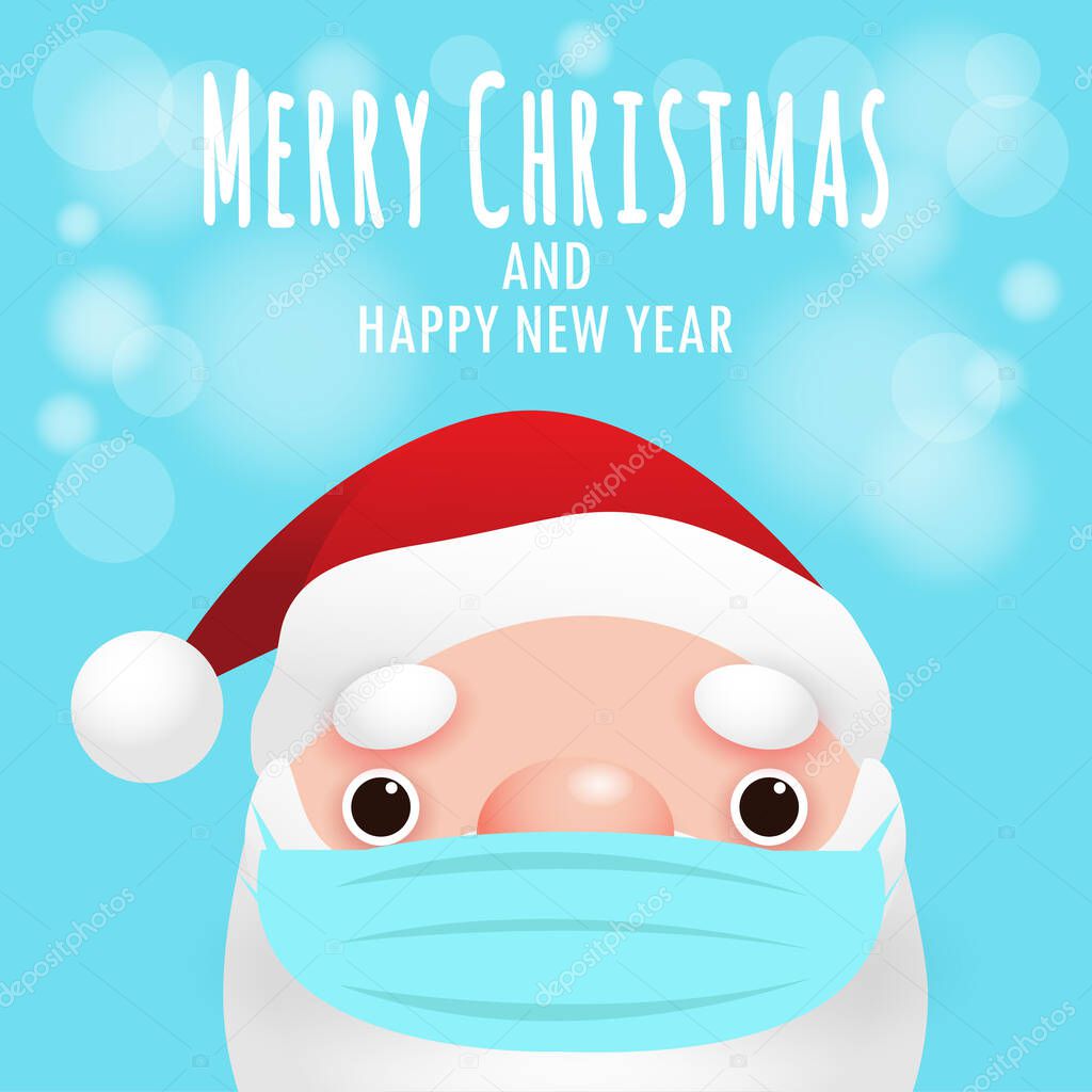 Merry Christmas and happy new year for new normal lifestyle concept and social distancing with cute Santa Claus , cartoon character in Christmas snow scene winter banner, Xmas holiday on background