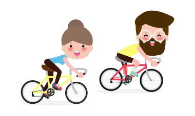 Bisiklet süren çiftler, beyaz arka planda izole edilmiş bisiklet süren insanlar Sports Family Vector düz tasarım.