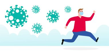 Koronavirüs parçacıklarından kaçan paniğe kapılmış bir adam beyaz arkaplan vektör illüstrasyonunda izole bir şekilde şehre yayılıyor.