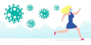 Koronavirüs parçacıklarından kaçan paniğe kapılmış bir kadın beyaz arkaplan vektör illüstrasyonunda izole bir şekilde şehre yayılıyor.