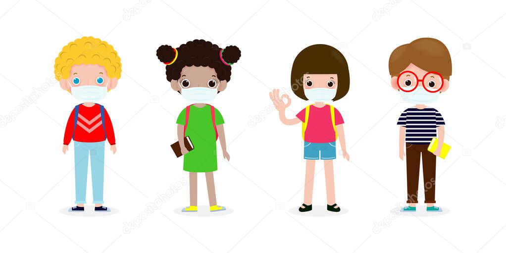 Back to school for new normal, preschoolers children teenagers wearing sanitary masks protect corona virus or covid 19, Pupils with books and backpacks Cartoon character Vector illustration isolated 