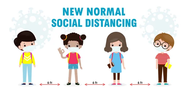 Regreso Escuela Para Los Nuevos Niños Preescolares Distanciamiento Normal Social — Vector de stock