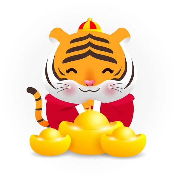 Pequeño Tigre Con Celebración Lingotes Oro Chino Feliz Año Nuevo — Vector de stock