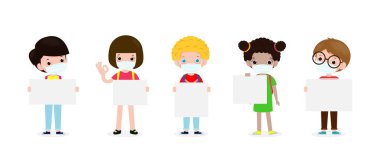 Yüzü maske takan şirin çocuklar ve farklı milletlerle okula geri dönmek, Coronavirus 2019-nCoV veya Covid-19 beyaz arkaplan vektör ilülasyonunda izole edilmiş