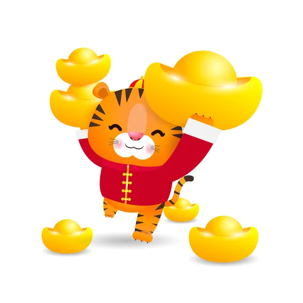 Kleiner Tiger Mit Chinesischem Gold Ingots Und Happy Chinese New — Stockvektor