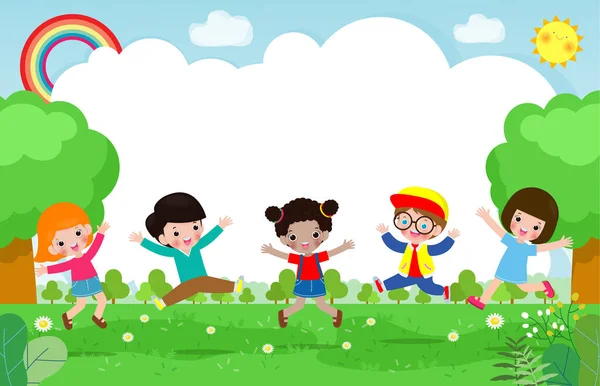 Cute Kids Playing Abstract Nature Happy Children Jumping Dancing Park — Wektor stockowy