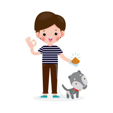 Köpeğin pisliğini temizleyen sevimli çocuk, köpek sıçıyor, parkta tasmalı erkek karakter, beyaz arka plan çizimleri üzerinde izole edilmiş hijyen hayvan tuvaleti hakkında.