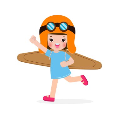 Mutlu Çocuklar oyuncak uçak kartonu, astronot kostümü giymiş küçük şirin çocuk, beyaz arka planda izole edilmiş vektör resimlerinde komik çocuk portresi.