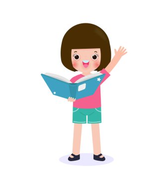 Sevimli küçük okul çocuğu ayakta kitap okuyor, kitap okuyan mutlu öğrenci okula geri dönen çocuk beyaz arka planda izole edilmiş yassı vektör ilüstrasyonu.