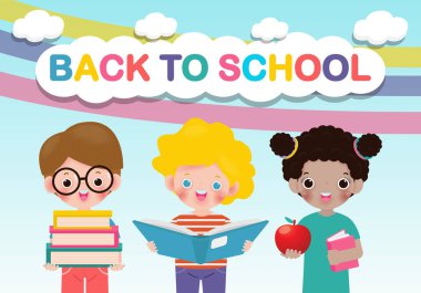 Okul çocuklarıyla kitap eğitimi konsepti, çizgi film mutlu çocuklar reklam broşürü, metin, çocuk ve çerçeve izole Vektör İllüzyonu için arka plan şablonu