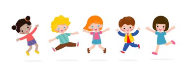 Parkta zıplayan mutlu çocuklar, çocuk aktiviteleri, çocuk parkında oynayan çocuklar, beyaz arka planda izole edilmiş çizgi film karakteri tasarımı şablonu.